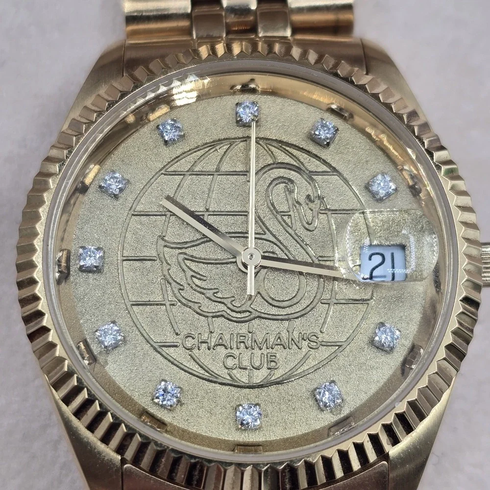 NIB Schwans Chairman Watch Gold Plated 11‎ Diamonds Jubilee Day Date Watch 35mm